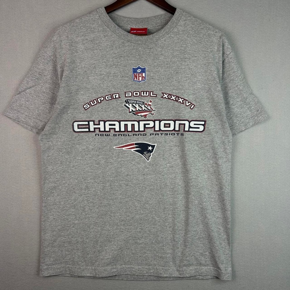 New England Patriots Super Bowl XXXVI Champions Grey Reebok Tee Shirt